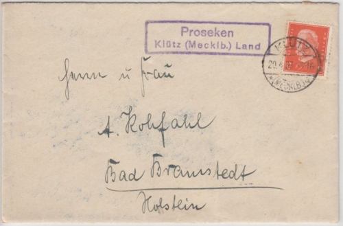 DR - Proseken Klütz (Mecklb.) Land, Landpost-Ra2 a. Brief n. Bad Bramstedt 1933