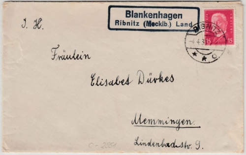 DR - Blankenhagen Ribnitz (Mecklb.) Land, Landpost-Ra2 a. Brief n. Memmingen
