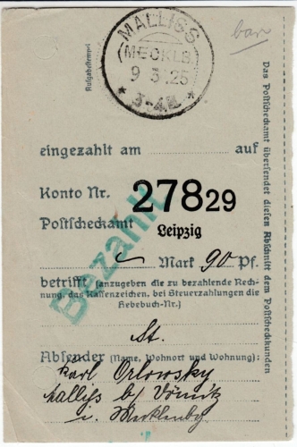 DR - Malliss (Mecklb.) 9.3.25, KOS a. Einlieferungsabschnitt/Zahlkarte