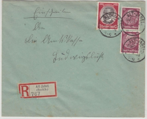 DR - Alt-Jabel (Mecklb.) 13.8.34, KOS a. Einschreibebrief n. Ludwigslust