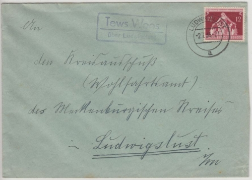 DR - Tews Woos ü. Ludwigslust, Landpost-Ra2 a. Brief n. Ludwigslust 1935