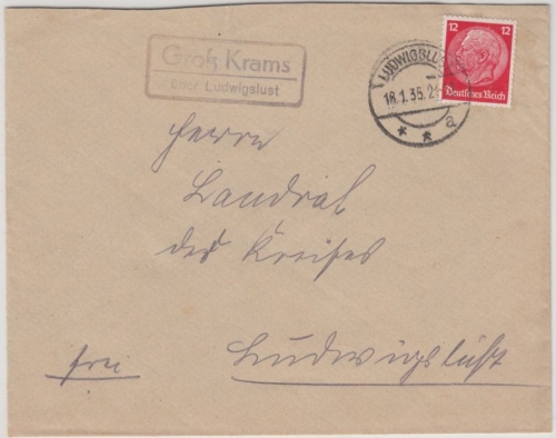 DR - Groß Krams ü. Ludwigslust, Landpost-Ra2 a. Brief n. Ludwigslust 1935