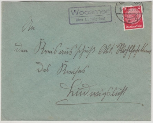 DR - Woosmer ü. Ludwigslust, Landpost-Ra2 a. Brief Ludwigslust 1935, ohne Inhalt