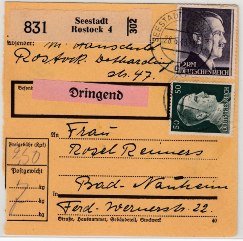 DR - 2 RM+50 Pfg. AH, Dringend-Paketkarte Seestadt Rostock 4 - Bad Nauheim 1943