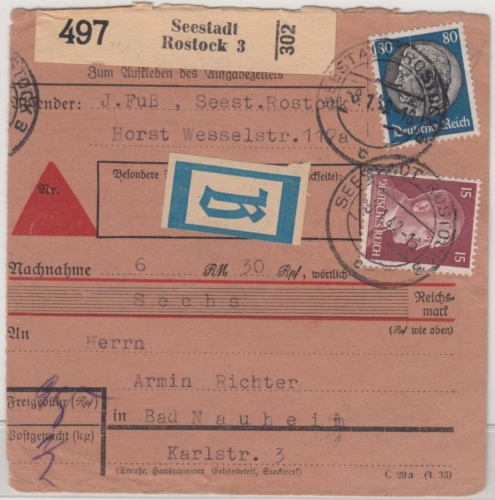 DR - 80 Pfg. Hindenburg u.a., Nachnahme-Paketkarte/Beutelstück 1942