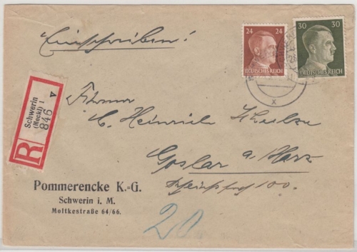 DR - 30+24 Pfg. AH, Einschreibebrief Schwerin - Goslar 1944, ohne Inhalt