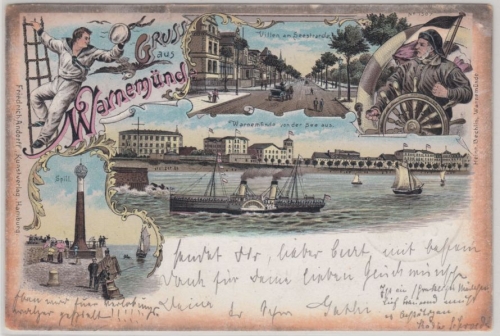 Mecklenburg-Vorpommern - Warnemünde, farb. Gruss aus Mehrbild-Litho glaufen 1897