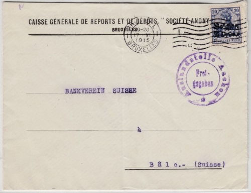 LP Belgien/Schweiz - 25C. Germania/Perfin "CB", Brief Brüssel - Basel 1915