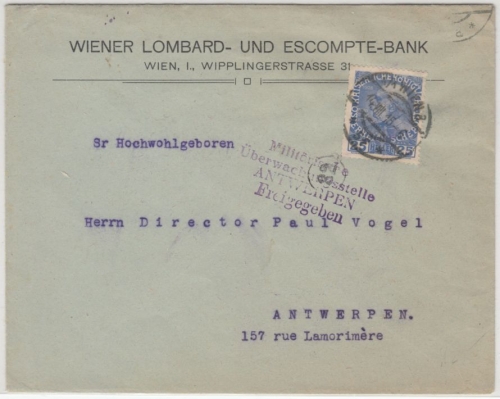 LP Belgien/Österreich - Brief Wien - Antwerpen 1915, Zensur-L4 Antwerpen