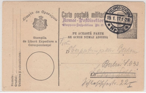 MVi Rumänien - Rum .Feldpost-GA-Karte, Fp.Stat. 176 - Berlin 1917