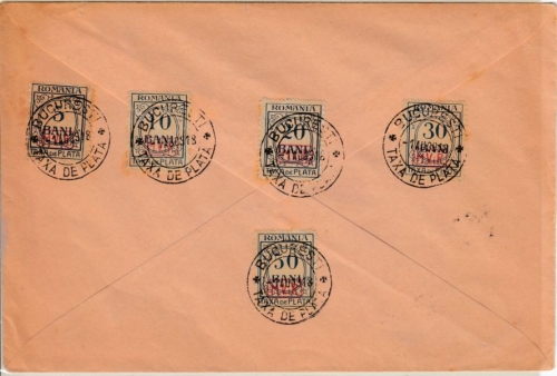 MVi Rumänien - Portomarken, Ausg. 1918, Satz (5 Werte) a. Brief gestpl. Bukarest