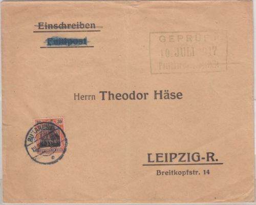 MVi Rumänien - 40 B. Germania/1. Ausgabe, Doppelbrief Bukarest - Leipzig 1917