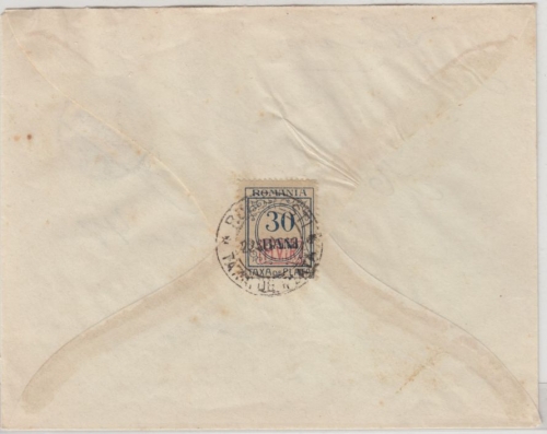MVi Rumänien - 30 B. Portomarke, rs. a. unfrankiertem Ortsbrief Bukarest 1918