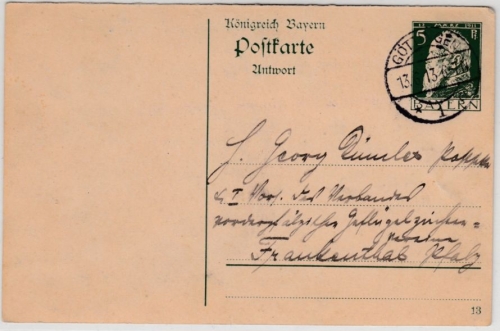 Bayern/DR - 5 Pfg. Luitpold, Antwort-GA-Karte, Fremdverwendung Göttingen 1913 n.