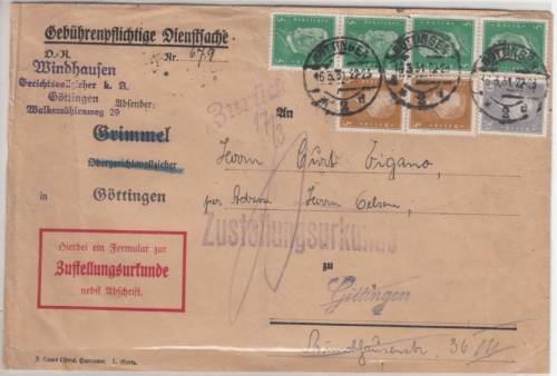 DR - 4x5+2x3+20 Pfg. Reichspräsidenten, Orts-Zustellurkunde Göttingen 1931