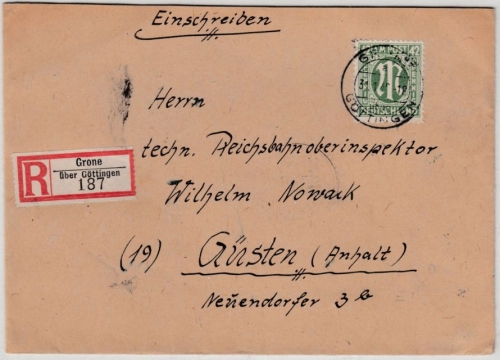 AM-Post - 42 Pfg. AM-Post, Einschreibebrief Poststelle I Grona ü. Göttingen 1946
