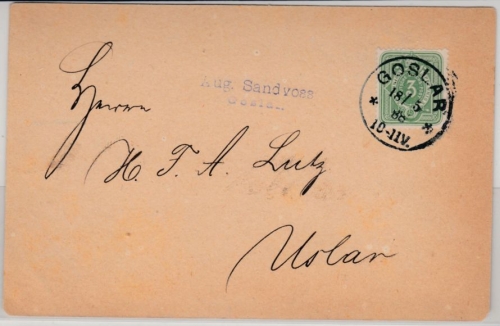 DR - Goslar 1888, Klaucke-Stempel a. 3 Pfg. Drucksachenkarte n. Uslar
