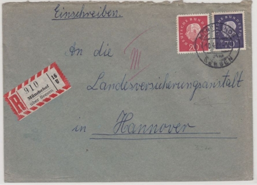 BRD - Münchehof ü. Seesen, Poststelle I, Einschreibebrief n. hamburg 1961