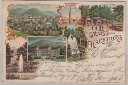 Niedersachsen - Harzburg, Mehrbild-Farblitho, gelaufen Bahnpost 1901