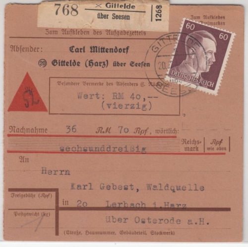 DR - 60 Pfg. AH, Nachnahme-Paketkarte Gittelde ü. Seesen - Lerbach ü. Osterode
