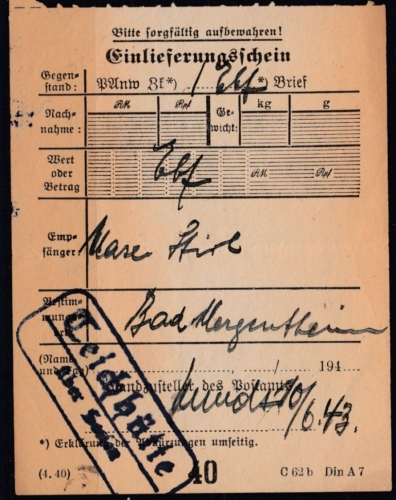 DR - Teichhütte ü. Seesen, Landpost-Ra2 a. Einlieferungsschein 1943