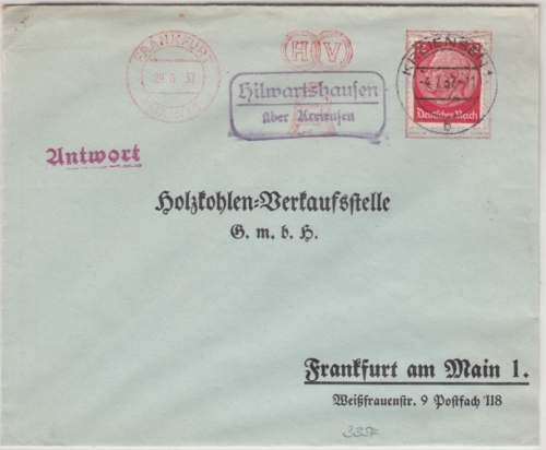 DR - Hilwartshasuen ü. Kreiensen, Landpost-Ra2 a. Brief n. Frankfurt a.M. 1937