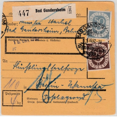 BRD - 50+60 Pfg. Posthorn, Paketkarte/postlagernd Bad Gandersheim - Berlin-
