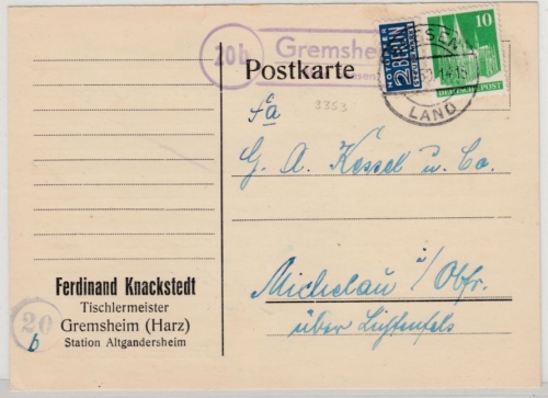 BRD - (20b) Gremsheim ü. Seesen, Landpost-Ra2 a. Karte n. Michelau 1950
