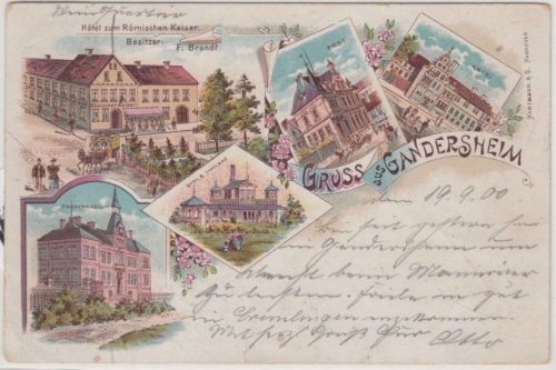 Niedersachsen - Gandersheim, Mehrbild-Farblitho (Hotel, Post etc), gelaufen 1900