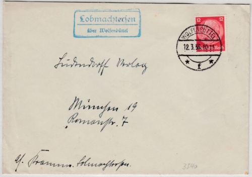 DR - Lobmachtersen ü. Wolfenbüttel, Landpost-Ra2 a. Brief n. München 1936