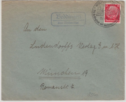 DR - Beddingen ü. Wolfenbüttel, Landpost-Ra2 a. Brief n. München 1936