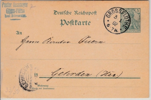 DR - Grossflöthe 1902, kl. K1 a. 5 Pfg. GA-Karte n. Gehrden 1902