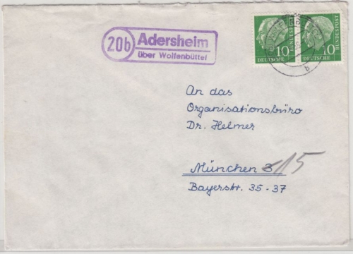 BRD - (20b) Adersheim ü. Wolfenbüttel, Landpost-Ra2 a. Brief n. München 1958