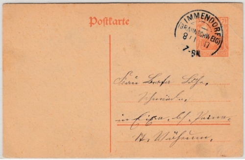 DR - Immendorf (Braunschweig) 1917, KOS a. 7 1/2 Pfg. GA-Karte n. Posen