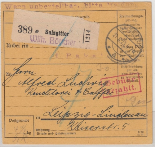 DR-Infla - Salzgitter 1923, Gebühr bezahlt, roter Ra2 a. Paketkarte/Selbstbucher