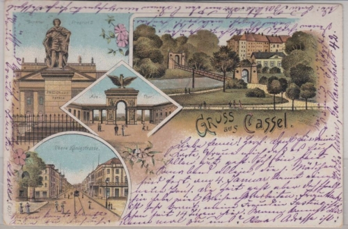 Hessen - Kassel, Gruss aus Mehrbild-Farblitho (Königsstraße etc.) gelaufen 1901