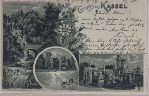 Hessen - Kassel, Gruss aus Mehrbild-Mondscheinlitho (Löwenburg etc.), gelaufen