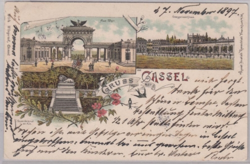 Hessen - Kassel, Gruss aus Mehrbild-Farblitho (Orangerie-Schloss etc.), gelaufen