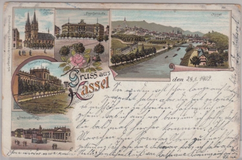 Hessen - Kassel, Gruss aus Mehrbild-Farblitho (Postgebäude etc.), gelaufen 1902