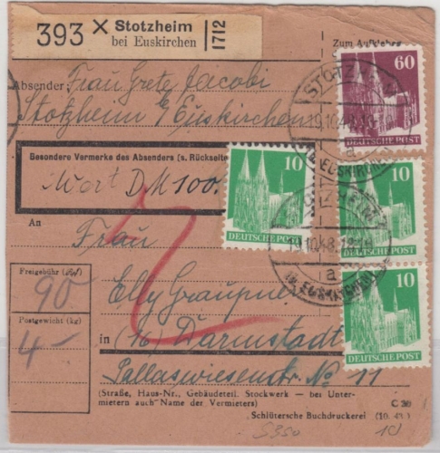 Bizone - 60+3x10 Pfg. Bauten, Wert-Paketkarte Stotzheim b. Euskirchen -Darmstadt