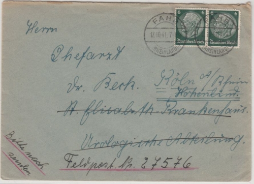 DR - 2x6 Pfg. Hindenburg, Brief Fahr - Köln - Weiterleitung Feldpost-Nr. 27576