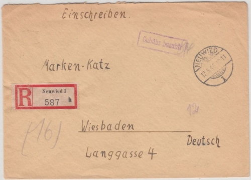 All.Bes. - Neuwied 17.6.46, Gebühr bezahlt, viol. Ra1 a. Einschreibebrief n.