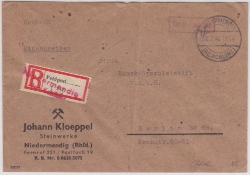 All.Bes. - Niedermendig 17.7.46, Gebühr bezahlt, roter Ra1 a. Einschreibebrief