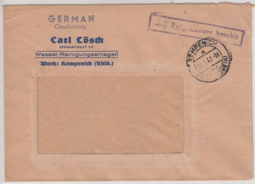 All.Bes. - Kempenich ü. Bröhl, Poststelle I, Gebühr bezahlt, viol. Ra1 a. Brief