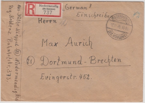 All.Bes. - Niedermendig 12.11.45, "42"(Pfg.) bar frankiert, Einschreibebiref n.