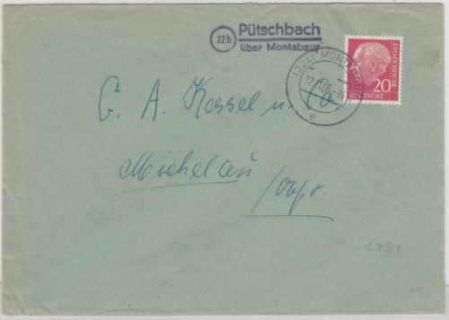 BRD - (22b) Pütschbach ü. Montabaur, Landpost-L2 a. Brief n. Michelau 1956