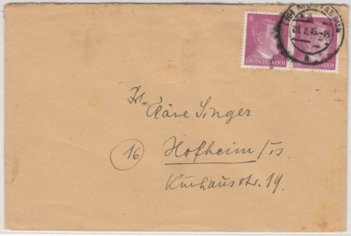 DR - (16) Montabaur 26.2.45, PLZ-Stpl. a. Brief n. Hofheim, ohne Inhalt