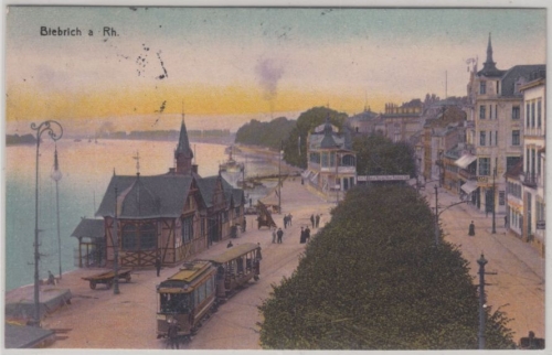 Hessen - Biebrich, Straßenansicht m. Strassenbahn, Farb-AK gelaufen 1913