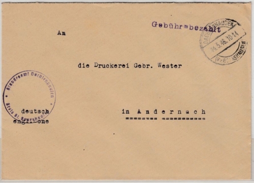 All.Bes. - Dachsenhausen 14.5.46, Gebühr bezahlt, viol. L1 a. Brief n. Andernach