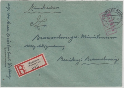 All.Bes. - Nastätten (Taunus), Gebühr bezahlt, roter Ra2 a. Einschreibebrief n.